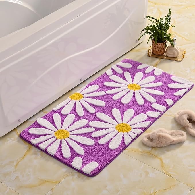 QJHOMO Purple Bathroom Rugs Cute Daisy Bath Mat White and Yellow Flower Decor Rug Non Slip Floor Carpet Microfiber Bathmat Super Absorbent Machine Washable Bathtub Mats for Shower (24x48 inch)