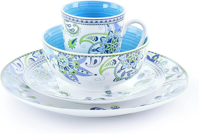 Elama Blue Crush 16 Piece Round Porcelain Dinnerware Set Mandala Paisley