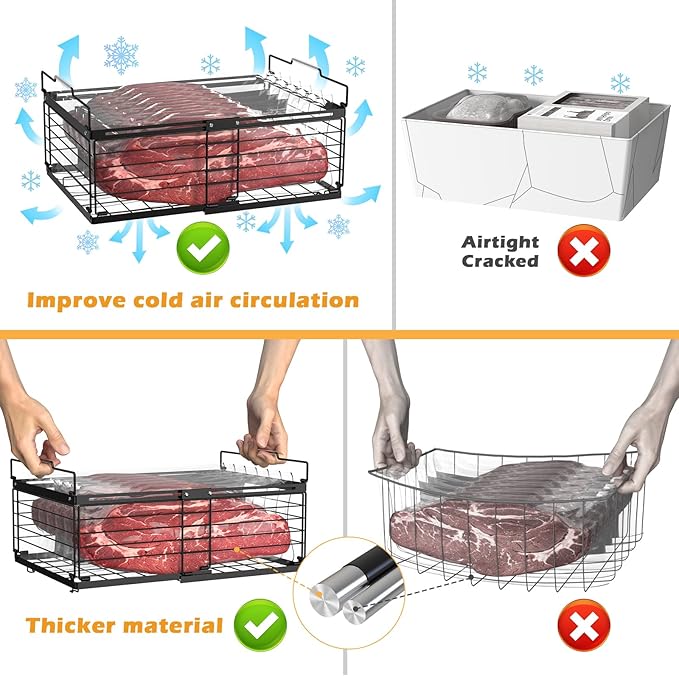 NADAMOO Freezer Organizer Bins, 2 Pack Large Expandable Stackable Chest Freezer Containers with Handle, Metal Adjustable Storage Baskets for Fridge, Deep Freezer, Cabinet, Kitchen, Pantry - Black