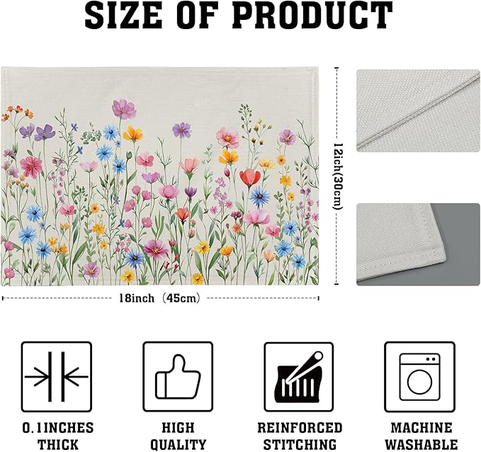 Giwawa 4PCs Spring Floral Placemats Summer Wildflowers Place Mat 12x18 Inch Watercolor Herb Flowers Washable Heat Resistant Table Mats for Kitchen Dining Party Picnic Seasonal Decor
