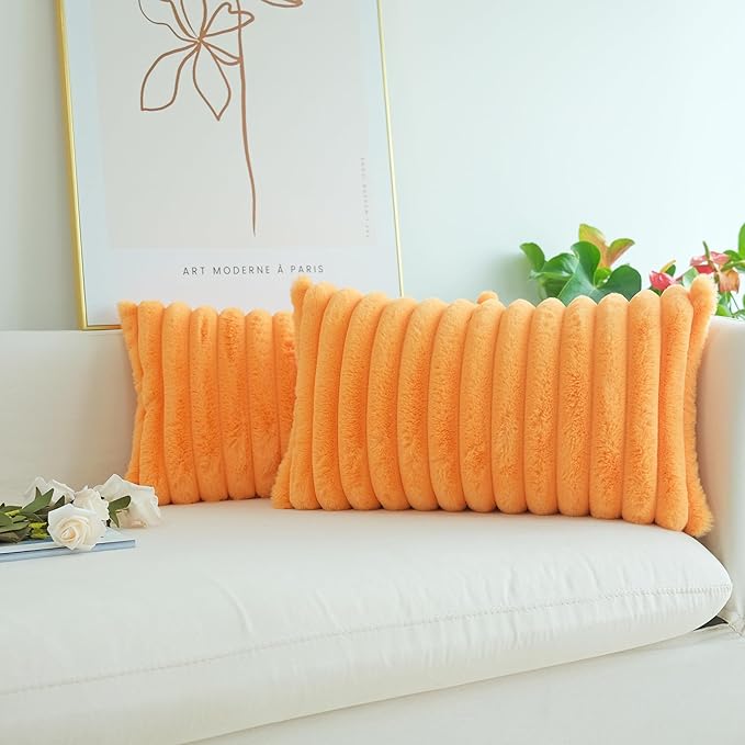 JOJUSIS Pack of 2 Faux Fur Plush Decorative Throw Pillow Covers Couch Cushion Case Soft Pillowcases (Orange, 12 x 20-Inch)