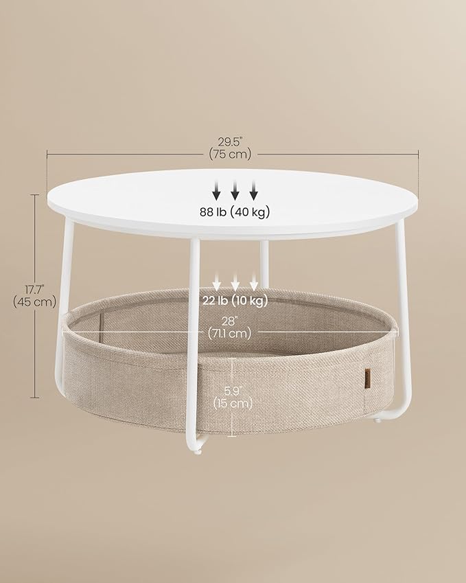 VASAGLE Coffee Table with Storage, Round Center Table for Living Room with Fabric Basket, Modern Style, Metal Frame, Matte White and Camel Brown ULCT244W10