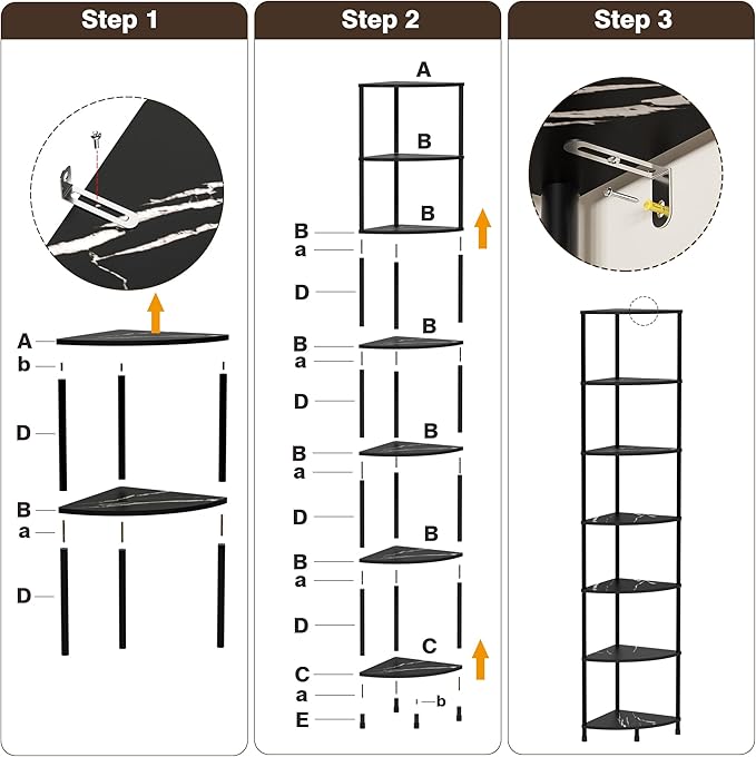 Book Corner Shelf, 7 Tier Corner Bookshelf Display for Living Room Decor, 64.7" Standing Shelf Bookcase Organizer, Marble Black Storage Shelves for Bedroom, Bathroom, Small Space