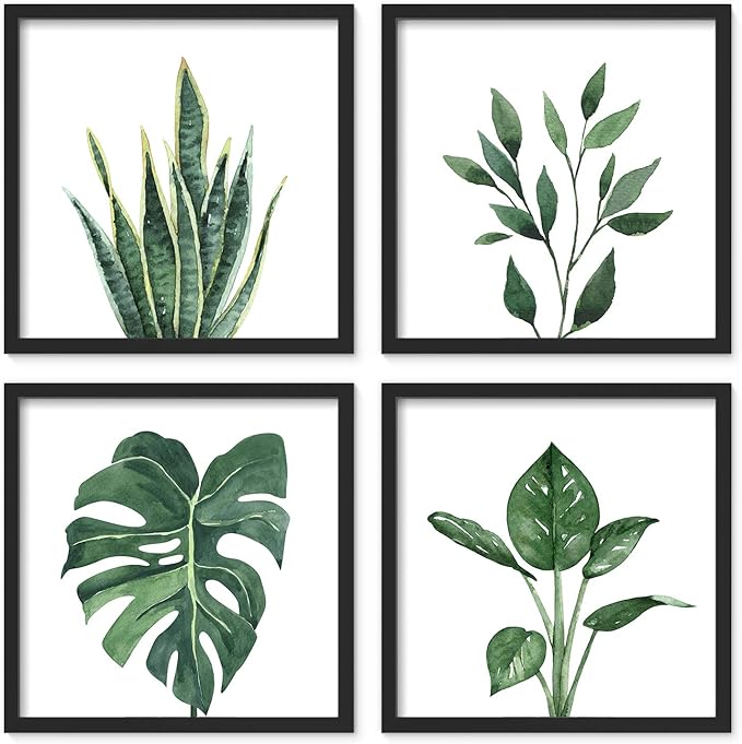 ArtbyHannah Bathroom Wall Art Set of 4 Botanical Wall Decor Green Plant Picture Frame Prints for Home Bedroom Restroom Decoration (Black, 10x10)