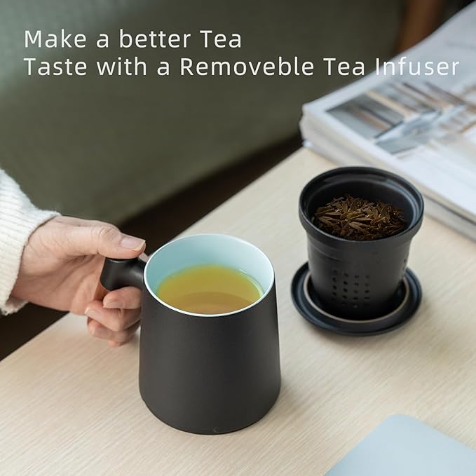 ZENS Tea Cup with Infuser and Lid for Loose Leaf Tea Steeper, 12oz Black Tea Mug with Fine Tea Strainers for Hot Tea Diffusers, Wood Handle Ceramic Tea Mugs Accessories for Tea Lovers Gifts