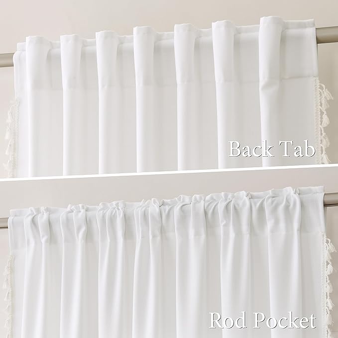 Natural Ivory Linen Curtains 120 Inches Long 2 Panels Boho Farmhouse Semi Sheer Curtains Tassels Back Tab Top Neutral Textured Off White Light Filtering Chic Drapes for Living Room Bedroom 52x120