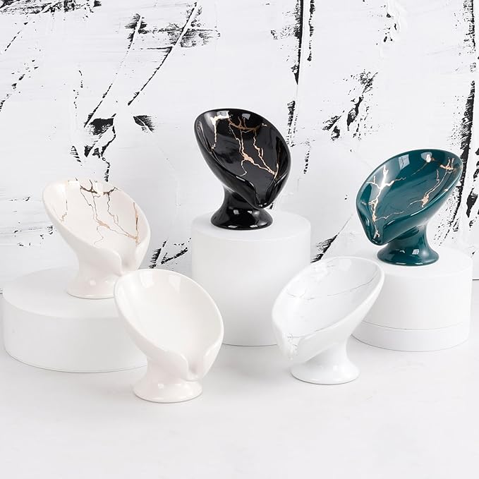 Soap Dish Set, Self Draining Bar Soap Holder for Bathroom Sink, Leaf Shaped Drainage Soap Dish Ceramic Marble Porcelain Decorative Soap Dishes 2PCS, No Suction Cup, ANTIS'S HOME