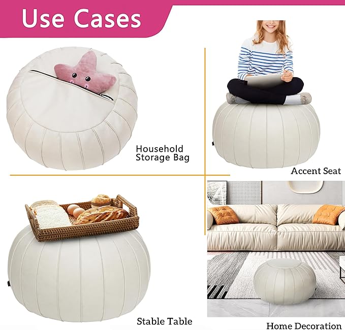 Thgonwid Handmade Storage Pouf Ottoman Foot Stool - Faux Suede Round Floor Cushion 21.6"x13" for Living Room, Bedroom, Wedding Decor, Unstuffed (Beige)