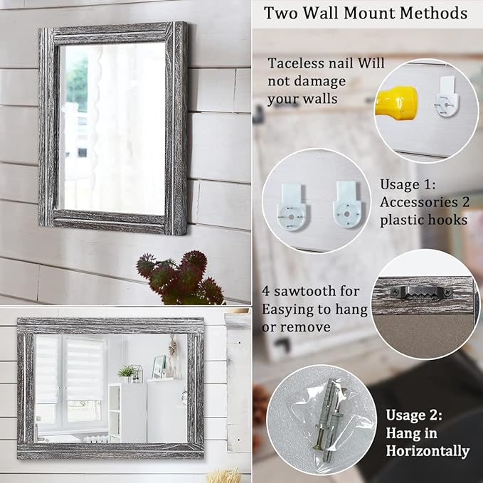 AAZZKANG Rustic Mirror Wood Framed Wall Mirrors Large 20"x16" Rectangle Decorative for Bedroom Bathroom Farmhouse Living Room Home Entryway