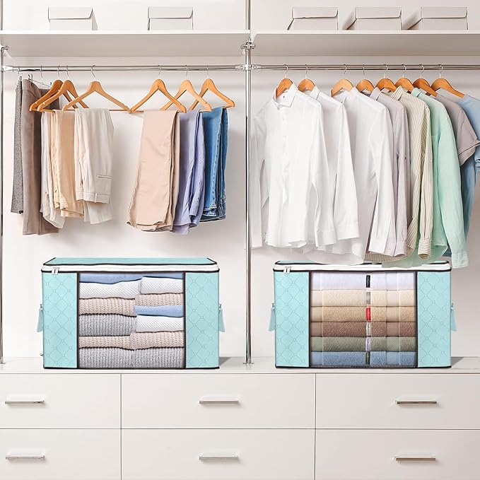 Budding Joy 90 L Large Storage Bags, 4 Pack Clothes Storage Bins Foldable Closet Organizer Storage Containers Storage and Organization for Clothes, Blanket, Comforters, Bed Sheets, Pillows (Blue)