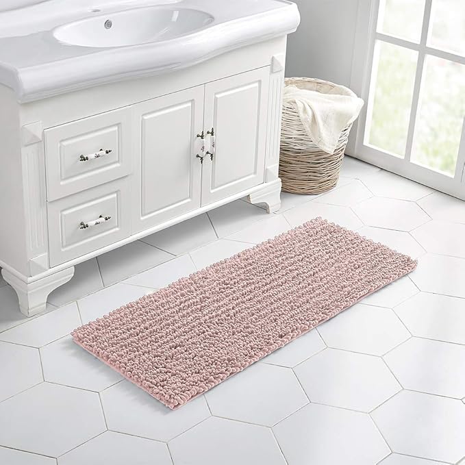 Walensee Bathroom Rug Non Slip Bath Mat (44x24 Inch Dusty Pink) Water Absorbent Super Soft Shaggy Chenille Machine Washable Dry Extra Thick Perfect Absorbant Best Large Plush Carpet for Shower Floor