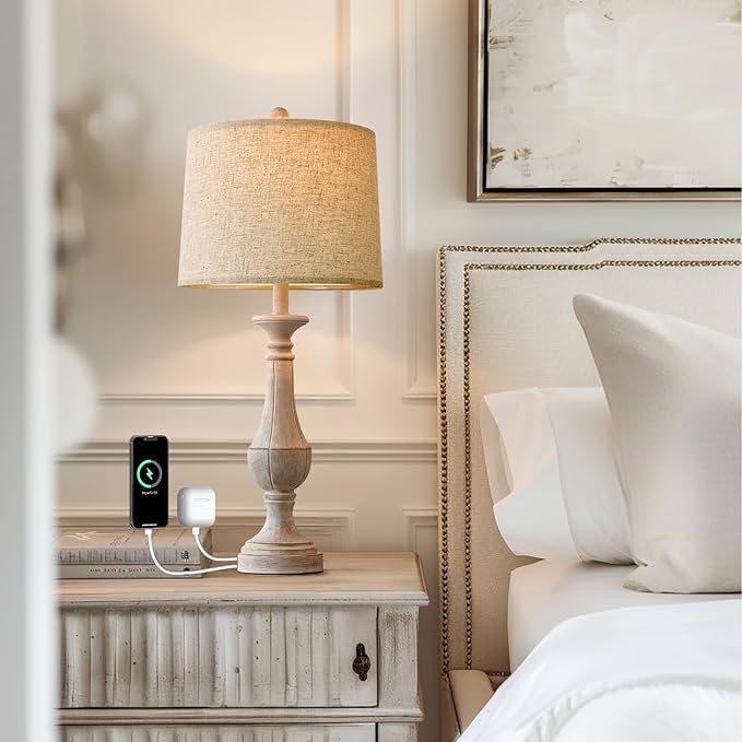PoKat 27.25'' Table Lamp for Living Room with 2 USB Ports - Bedside Lamps for Night Stands, Farmhosue Nightstand Light Lamp, Mid Century Tall Lamp for Bedroom, Living Room, End Table, Distressed White