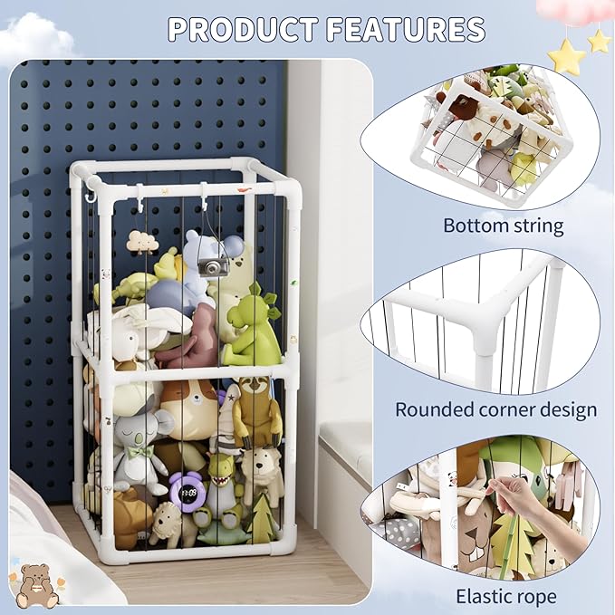Plush Stuffed Animal Storage Zoo Holder Standing, Kids Toy Storage Organizer Shelves Basket with Nets for Stuffed Animals, Play Room Decor Corner Toy Box Storage. (Thicker Tube)