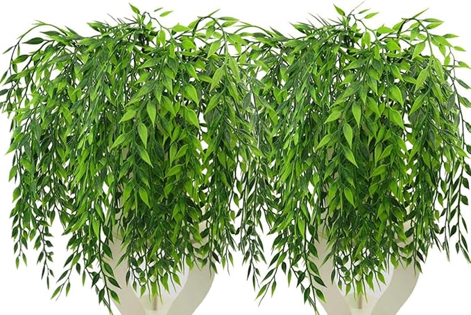 Artificial Weeping Willow, Plastic Plants Greenery Leaves Fake Hanging Vine Faux Ivy Garland UV Resistant for Home Indoor Outdoor Garden Door Wall Baskets Wedding Party Table Decor Decoration - 8 Pcs