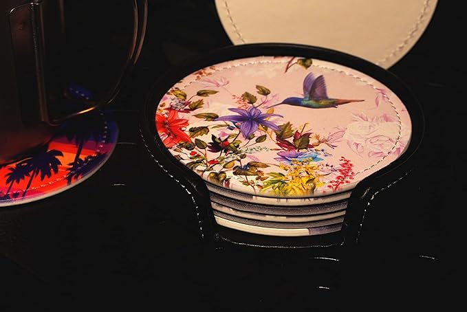 Hummingbirds Bird Flower Coasters for Drinks with Holder Leather Coasters Set of 6 Table Decor Protect Furniture from Water Marks Scratch and Damage
