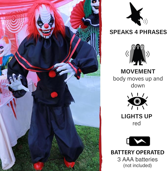 Haunted Hill Farm Life-Size Talking Clown Halloween Animatronic with Touch Activated Lights and Sound, Indoor or Covered Outdoor Scary Halloween Decorations, Battery Operated Fright Props