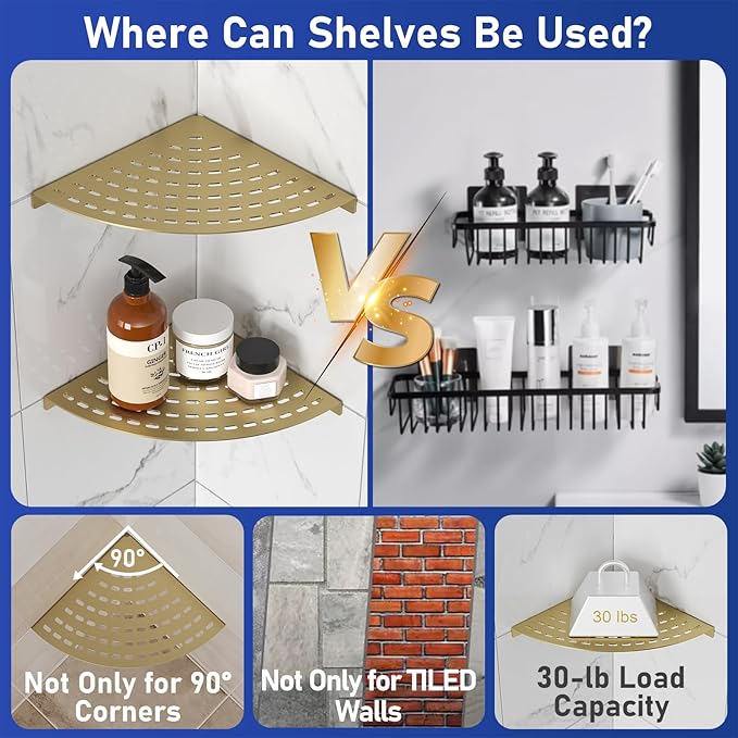 2 Pack Corner Shower Shelves 304 Stainless Steel Shower Corner Shelf Brushed Gold Bathroom 8 in Prevent Rust Drilling Installation