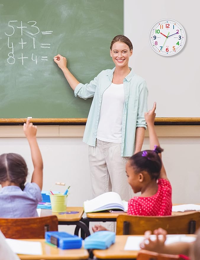 Silent Kids Wall Clock – Non-Ticking, Battery-Powered, Ideal for Teaching Time and Stylish Décor in Any Room - 12 Inch