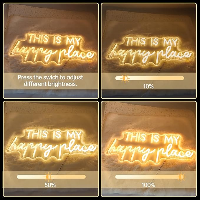 Neon Lights for Wall Decor - This Is My Happy Place Neon Signs for Teen Girls Bedroom Decor, Led Sign for Wall Decor, Nightstand Light, Dimmable Switch USB Power, Adhesive Hook Included