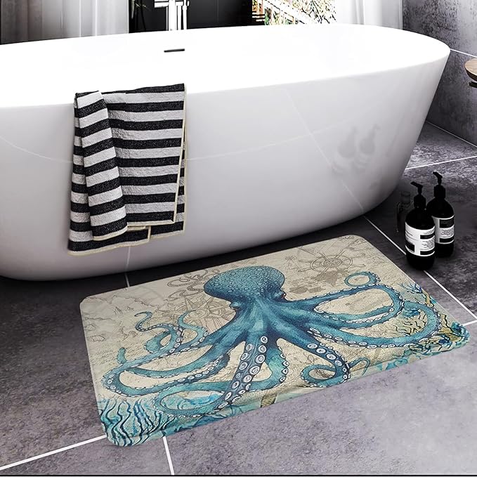 Britimes Blue Bath Mat for Bathroom, Sea Theme Octopus Washable Cover Floor Rug Carpets Floor Mat Bathroom Decorations 20x32 Inches for Kitchen Bedroom Indoor