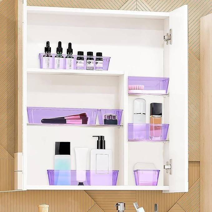 25 PCS Drawer Organizer Set, 4 Varied Size Bathroom and kitchen Drawer cabinet organizer Trays, Clear Storage Bins for Makeup, Jewelry, Utensils and Gadgets, Purple