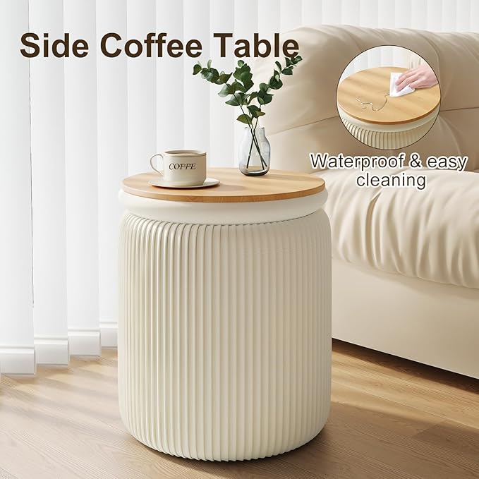 Round Ottoman with Storage Set of 2, White Vanity Stool, Upholstered Velvet Storage Ottomans, Makeup Chair Seat for Bedroom, Small Pouf Footstool for Living Room