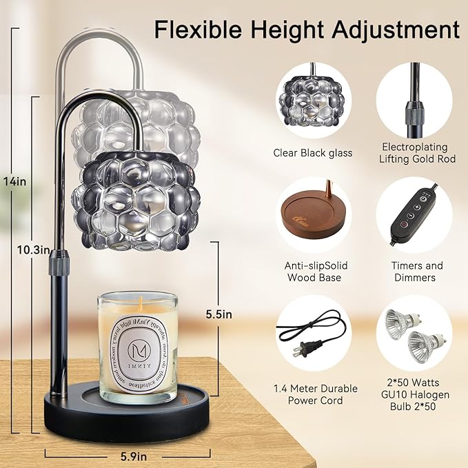 Candle Warmer Lamp with Timer Adjustable - Height Candle Warmer, Dimmer, Vintage Glass Wax Melting Lamps for Home Decor, for Candles in Jars with 2 Bulbs