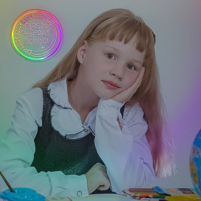 First Of Day School Neon Sign Student Classroom Neon Lights For Wall Decor Dimmable Colorful Light Up Sign For Bedroom Library Classroom Reading Study Room Decoration Boy Girls Gifts