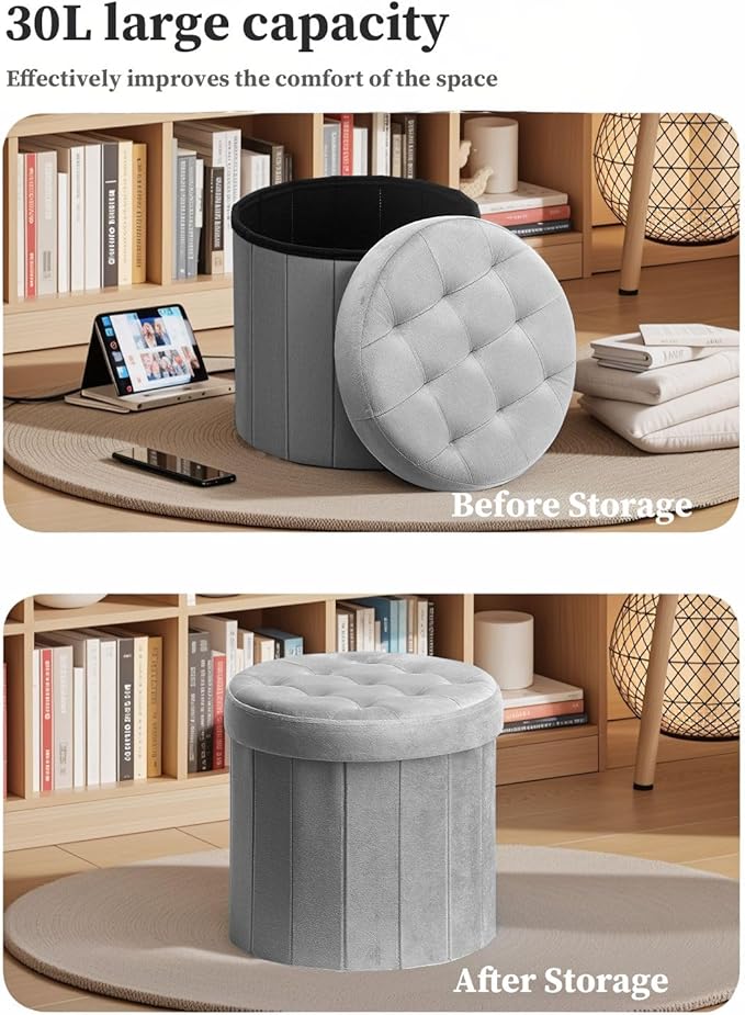 Bsketa® Folding Storage Ottoman Round 14" x 14" x 13"Inch Foot Stool with Thicker Foam Padded Seat Small Velvet Storage Ottoman Bench Foot Rest for Living Room Foldable Coffee Table(Grey)