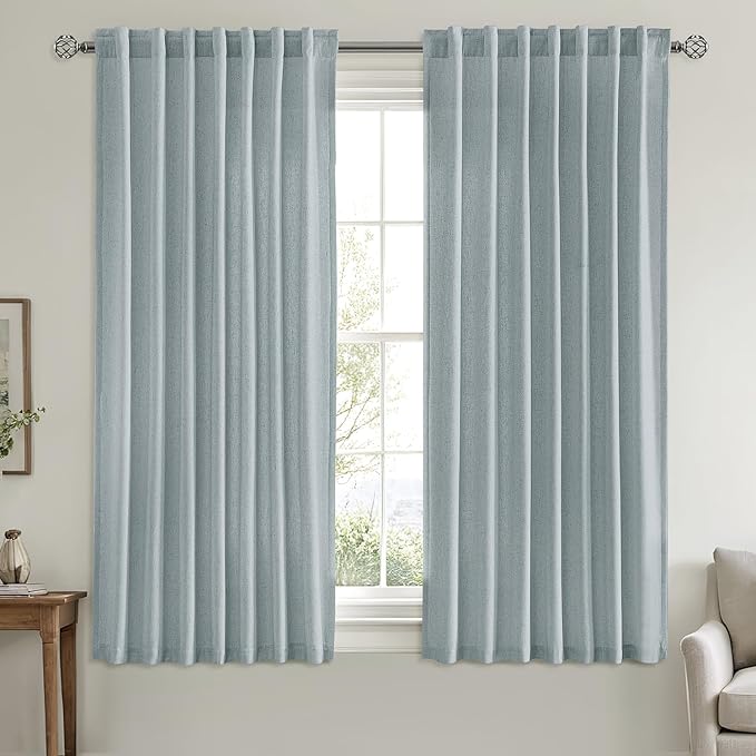 MIULEE Non-See-Through Privacy Linen Curtains 2 Panels, Light Filtering Window Curtains Farnhouse Textured Back Tab Semi Sheer Drapes for Bedroom Living Room, 52 x 63 Inches Long, Stone Blue