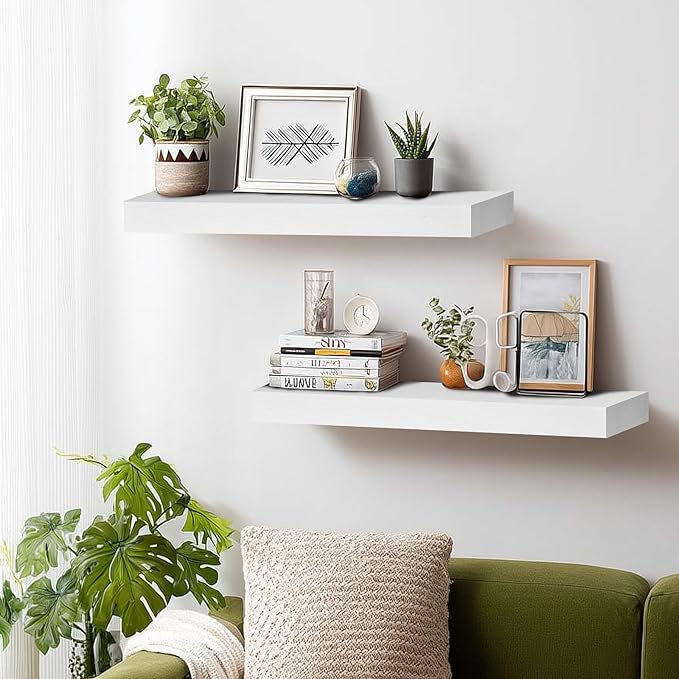 24x8x1.6 inch Floating Shelves Set of 2 – Solid Wood Rustic White Wall Mounted Shelf for Kitchen, Bathroom, Living Room