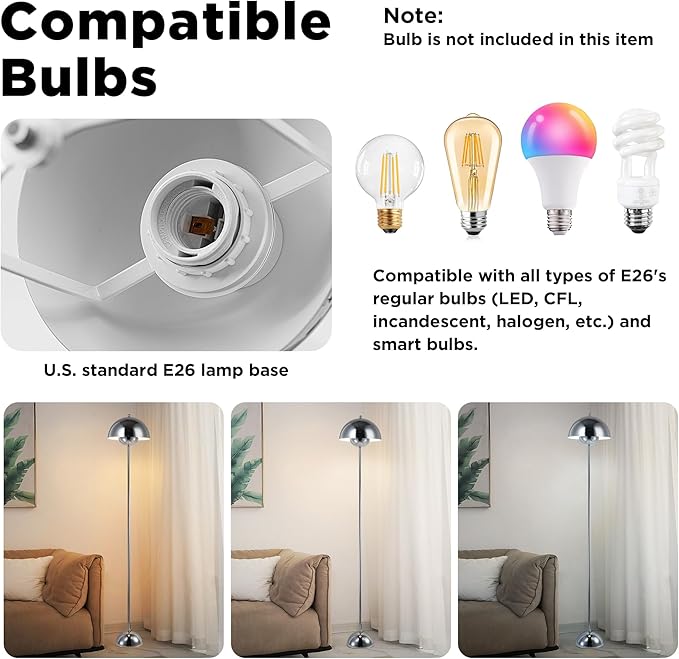 COSYLUX Modern Floor Lamp for Living Room, Industrial Tall Standing Lamp for Bedroom, Metal Shade Reflecting Light Reading Floor Lamp for Office, Nursery Room, Corner(Chrome)