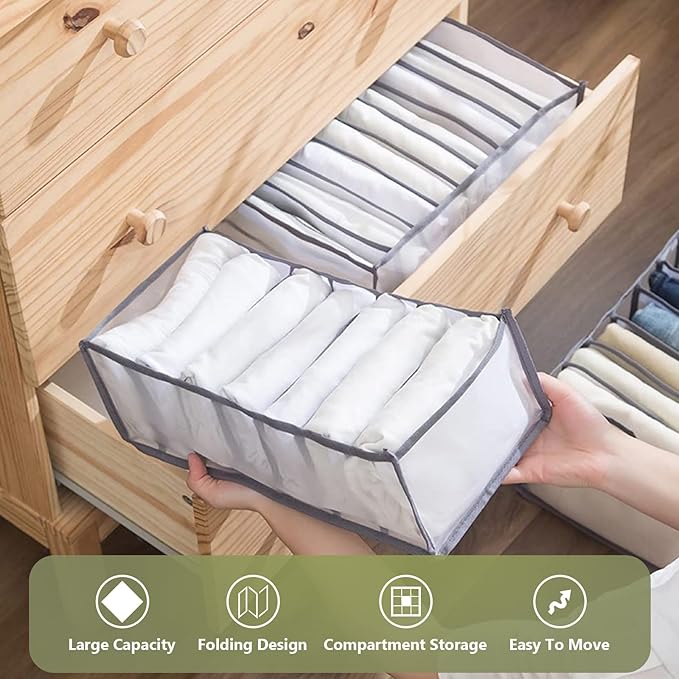 TOOVREN Upgraded Jeans Organizer for Closet, Wardrobe Clothes Storage, Mesh Foldable Compartment for Pants, Leggings, 2 Pack, Large 7 Grids
