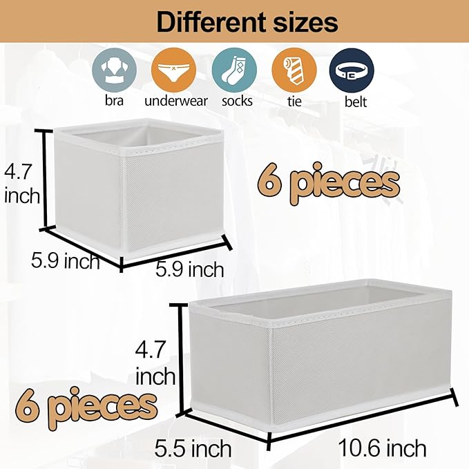 Set of 12 Drawer Organizer, Fabric Closet Organizer and Storage Baskets,Foldable Drawer Divider for Clothing,Sock,Ties,Underwear Drawer Organizers,Set of Cabinet Storage Boxes (White)