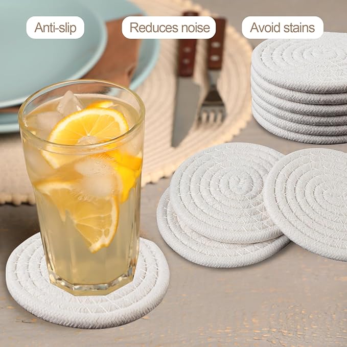 Vivinin 10 Psc Cotton Absorbent Boho Coasters for Drinks, Woven Cup Set, Beige, 4.3inch - Room Decor, Bar, Housewarming Gift