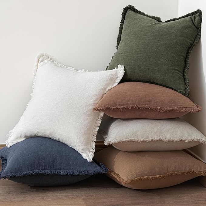 MIULEE Decorative Throw Pillow Covers Neutral Linen Fringe Throw Pillows Set of 2 Rifle Green Boho Farmhouse Cushion Covers with Tassels for Couch Sofa Bed Living Room Spring Home Decor 20x20 Inch