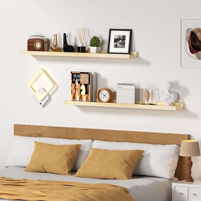 Floating Shelves for Wall 36 inch Long Wooden Wall Shelves for Bathroom Living Room Bedroom Kitchen Farmhouse, Natural Unfinished, No Stain, DIY, Set of 2 (Maple Wood, 2Pack 36inch)