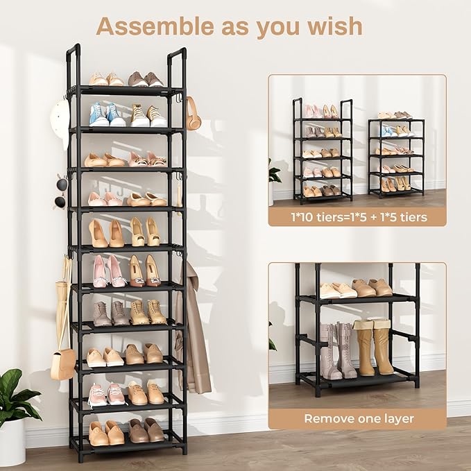 VTRIN 10 Tiers Tall Shoe Rack Holds 20-25 Pairs of Shoes Sturdy Vertical Shoe Organizer with 18pcs Hooks Stackable Narrow Shoe Rack for Closet, Entryway Black
