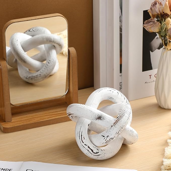 Yalikop 3 Link Wood Knot Decor - Hand Carved Coffee Table Decoration, Boho Chain Link Decor, Modern Shelf, Rustic Objects for Home Living Room Bedroom(Retro White)