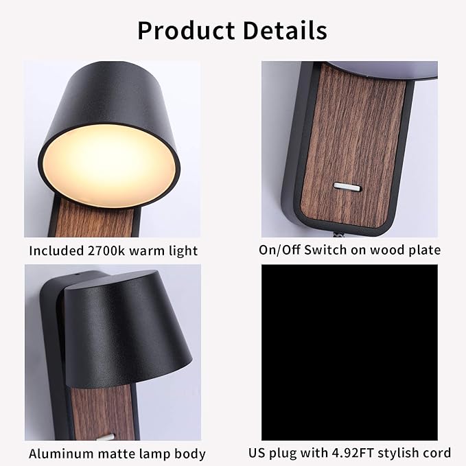 Modern Wall Lamp with Plug in Cord for Bedrooms Hallway Living Room, Indoor Contemporary Mounted Lighting Fixture,Nordic Bedside Rotatable Reading Lights, Up Down Black Wooden Sconces with Switch