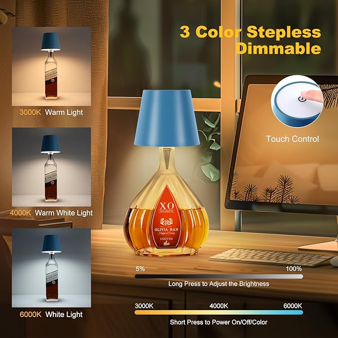 Wireless Bottle Lamp, 2025 New 3 Color Rechargeable Wine Bottle Lights for Bars Restaurants (Blue, 1PC)