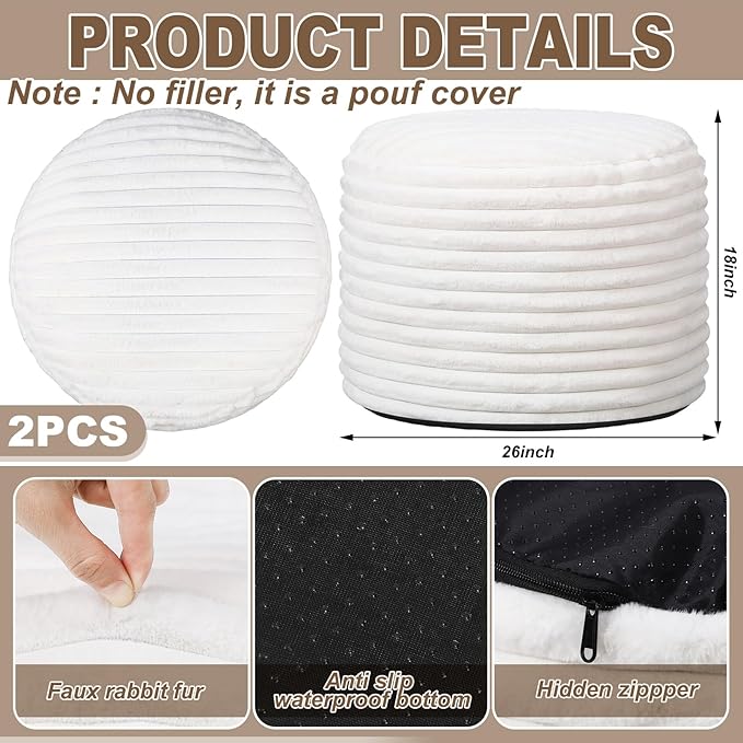2 Pcs 26 x 18 Inch Unstuffed Pouf Cover Ottoman Foot Rest - No Filler, Faux Rabbit Fur Foot Stool Floor Bean Bag Floor Chair Storage for Living Room Bedroom Home Decor(Beige)