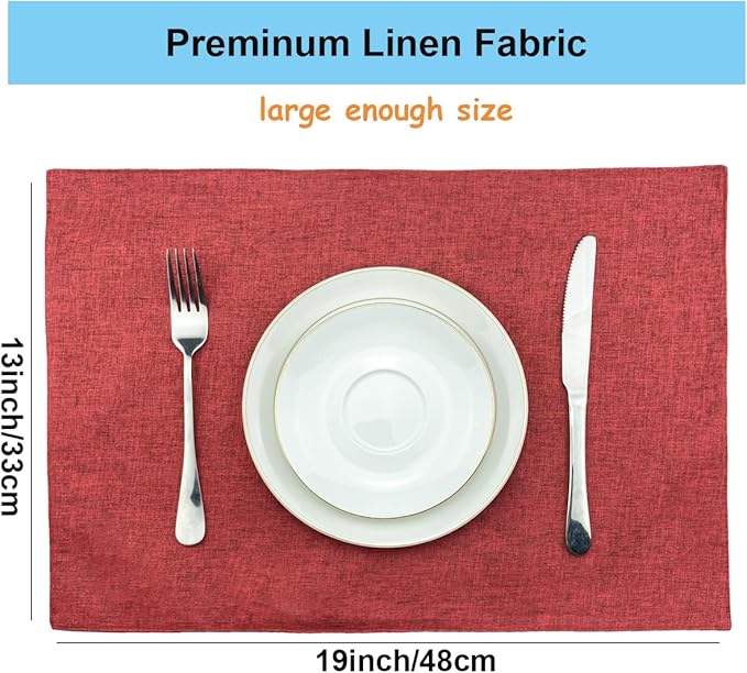 Weabetfu Cloth Placemats Set of 6 Heat Resistant Dining Table Placemmats Cotton Linen Machine Washable Kitchen Table Mats Wrinkle Free Thick Fabric Place Mat,Easy to Clean,13"x19",Burgundy