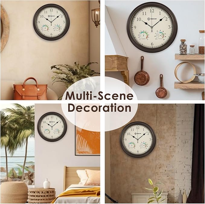 Geevon 14 Inch Retro Wall Clocks Battery Operated with Hygrometer and Thermometer Combo, Silent Wall Clock Non-Ticking Quartz Decorative for Kitchen Living Room School Bedroom