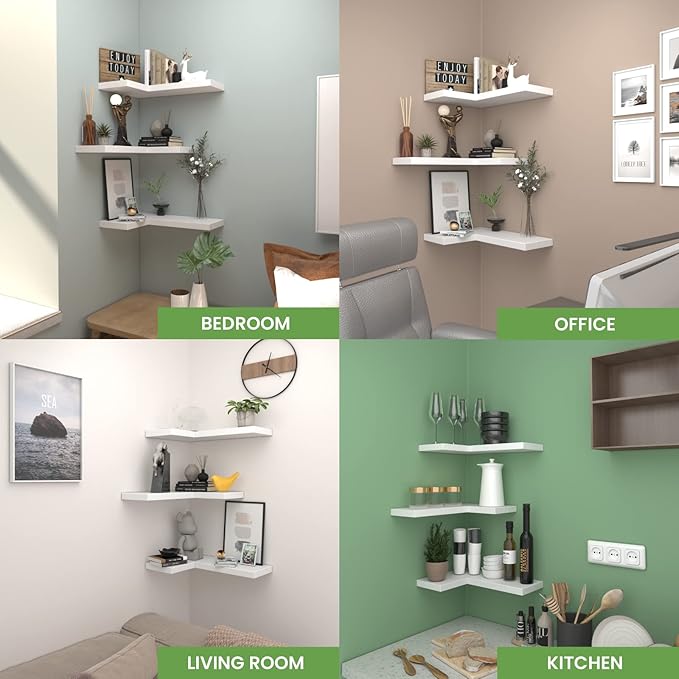NATURE'S SOURCE Corner Floating Shelves with Invisible Brackets, Corner Shelves Wall Mounted Set of 3, Bedroom Bathroom Kitchen Living Room Office- Modern Style 17" x 6" (White)