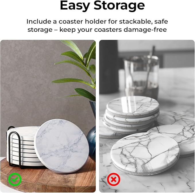 LIFVER Coasters Set of 8 for Drinks, White Marble-Style Anti-Slip Absorbent Drink Coasters with Holder, Modern Stone Coasters Ideal Housewarming Gifts for Home Patio Decor Coffee Bar Accessories