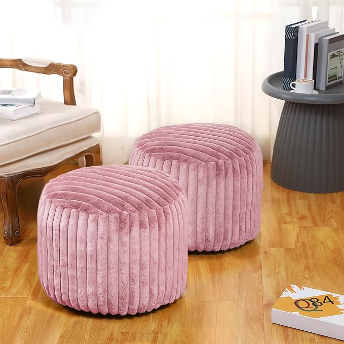 2 Pcs 20 x 15 Inch Unstuffed Pouf Cover Ottoman Foot Rest - No Filler, Faux Rabbit Fur Foot Stool Floor Bean Bag Floor Chair Storage for Living Room Bedroom Home Decor(Pink)