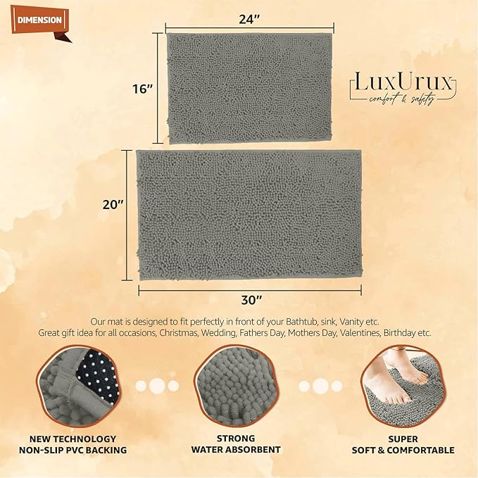 LuxUrux Bathroom Rugs 2 Piece Set-Extra-Soft Plush Bath mat Shower Bathroom Rugs,1" Chenille Microfiber Material, Super Absorbent (Standard Set, Warm Grey), 30" x 20" Plus 23" x 15"