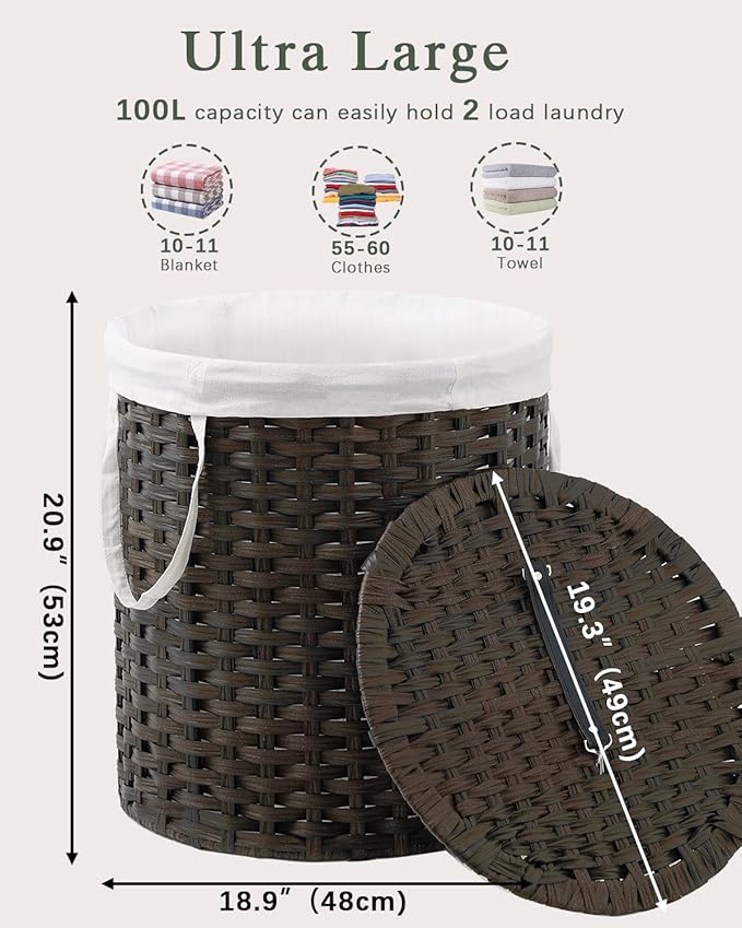 Laundry Hamper with Lid Wicker Laundry Hamper Round 26.5 Gal (100 L) Laundry Basket Handwoven Rattan Laundry Basket with Removable Bag Handles 2 Mesh Bags for Living Room Bedroom Brown