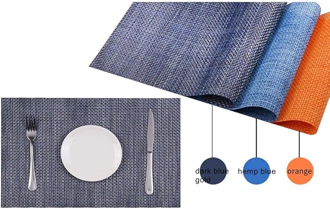 Zupro Placemats Set of 6 Washable Heat-Resistant Non-Slip Braided Table Mats Woven PVC Vinyl Kitchen Place Mats for Everyday use or Dinner Parties BBQs Indoor and Ourdoor Use.18"x12"(Dark Blue Gold)